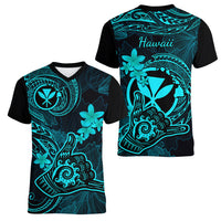 Hawaii Women V Neck T Shirt Shaka Tattoo Mix Polynesian Plumeria Turquoise Version - Wonder Print Shop