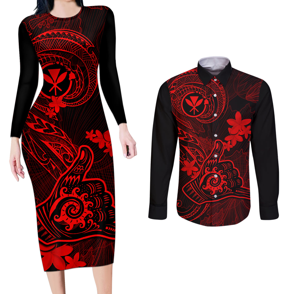 Hawaii Couples Matching Long Sleeve Bodycon Dress and Long Sleeve Button Shirts Shaka Tattoo Mix Polynesian Plumeria Red Version - Wonder Print Shop