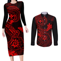 Hawaii Couples Matching Long Sleeve Bodycon Dress and Long Sleeve Button Shirts Shaka Tattoo Mix Polynesian Plumeria Red Version - Wonder Print Shop