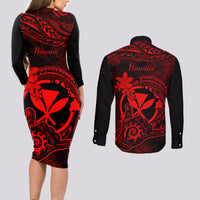 Hawaii Couples Matching Long Sleeve Bodycon Dress and Long Sleeve Button Shirts Shaka Tattoo Mix Polynesian Plumeria Red Version - Wonder Print Shop