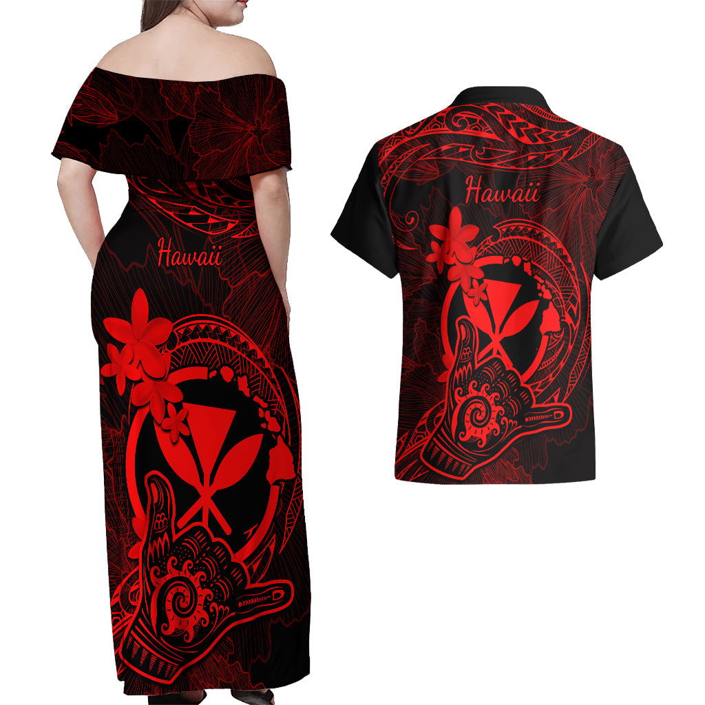 Hawaii Couples Matching Off Shoulder Maxi Dress and Hawaiian Shirt Shaka Tattoo Mix Polynesian Plumeria Red Version - Wonder Print Shop