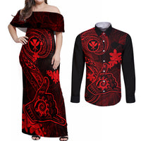 Hawaii Couples Matching Off Shoulder Maxi Dress and Long Sleeve Button Shirts Shaka Tattoo Mix Polynesian Plumeria Red Version - Wonder Print Shop