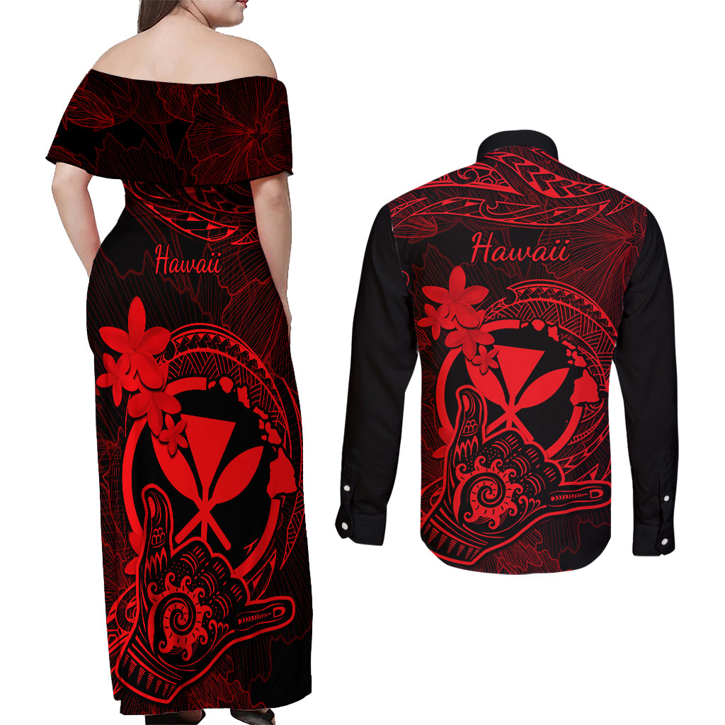 Hawaii Couples Matching Off Shoulder Maxi Dress and Long Sleeve Button Shirts Shaka Tattoo Mix Polynesian Plumeria Red Version - Wonder Print Shop