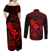 Hawaii Couples Matching Off Shoulder Maxi Dress and Long Sleeve Button Shirts Shaka Tattoo Mix Polynesian Plumeria Red Version - Wonder Print Shop