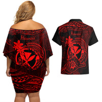 Hawaii Couples Matching Off Shoulder Short Dress and Hawaiian Shirt Shaka Tattoo Mix Polynesian Plumeria Red Version - Wonder Print Shop