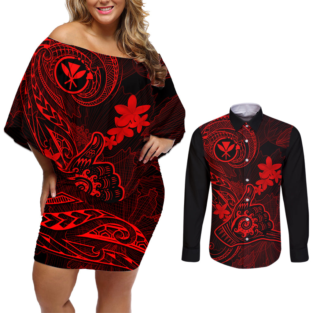 Hawaii Couples Matching Off Shoulder Short Dress and Long Sleeve Button Shirts Shaka Tattoo Mix Polynesian Plumeria Red Version - Wonder Print Shop