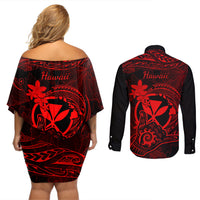 Hawaii Couples Matching Off Shoulder Short Dress and Long Sleeve Button Shirts Shaka Tattoo Mix Polynesian Plumeria Red Version - Wonder Print Shop