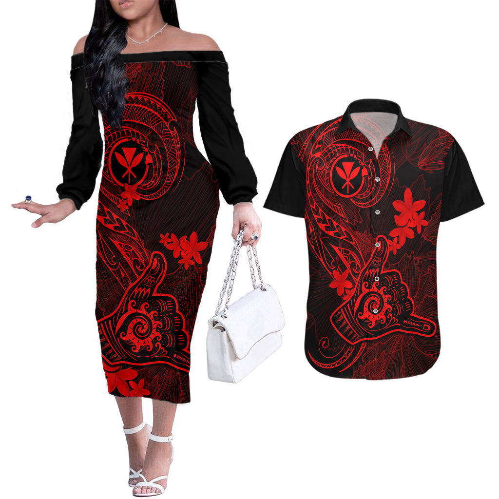 Hawaii Couples Matching Off The Shoulder Long Sleeve Dress and Hawaiian Shirt Shaka Tattoo Mix Polynesian Plumeria Red Version - Wonder Print Shop