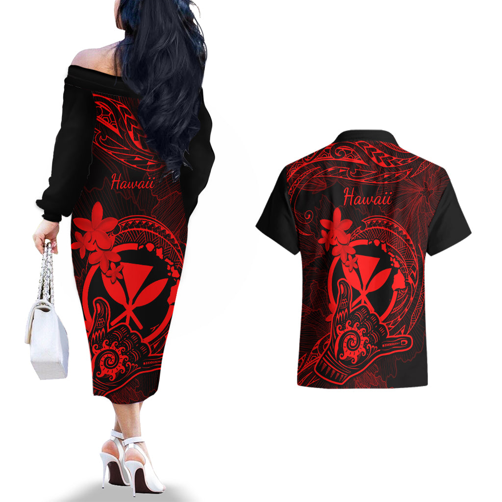 Hawaii Couples Matching Off The Shoulder Long Sleeve Dress and Hawaiian Shirt Shaka Tattoo Mix Polynesian Plumeria Red Version - Wonder Print Shop