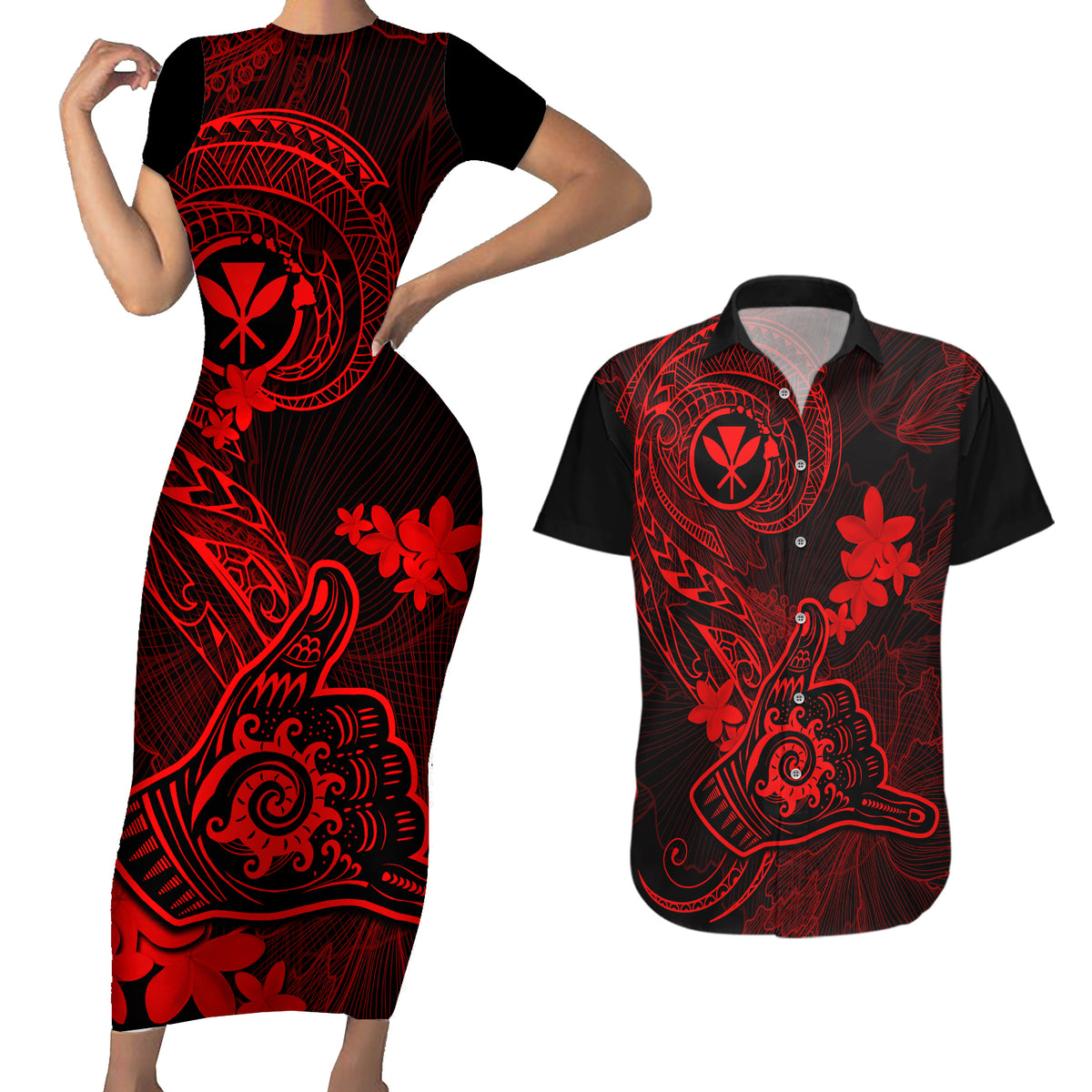 Hawaii Couples Matching Short Sleeve Bodycon Dress and Hawaiian Shirt Shaka Tattoo Mix Polynesian Plumeria Red Version - Wonder Print Shop