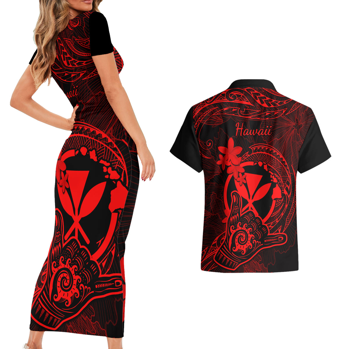 Hawaii Couples Matching Short Sleeve Bodycon Dress and Hawaiian Shirt Shaka Tattoo Mix Polynesian Plumeria Red Version - Wonder Print Shop