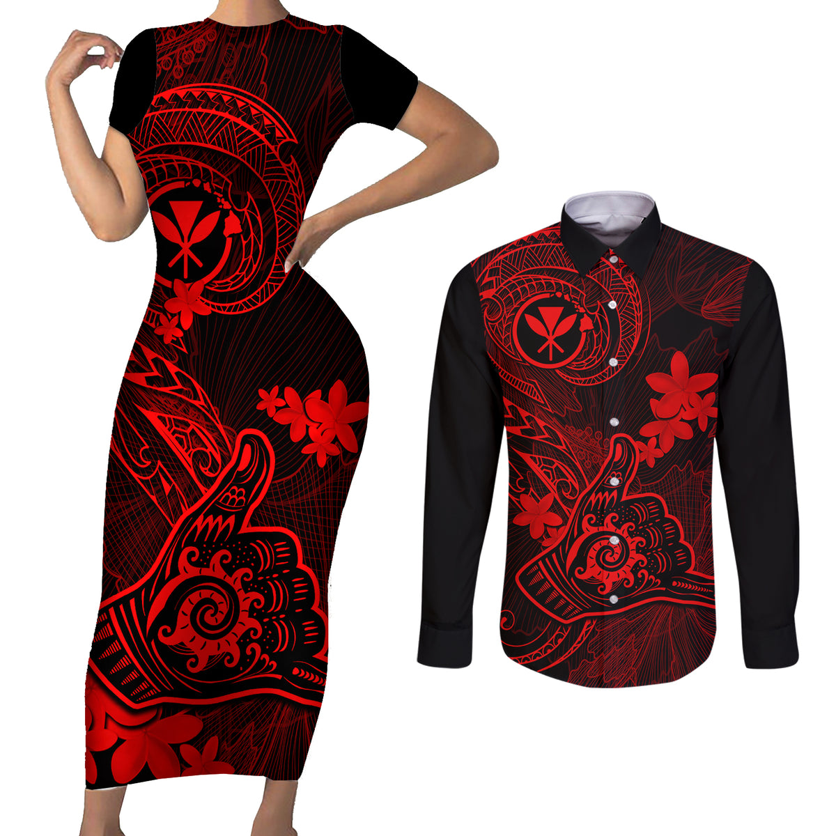 Hawaii Couples Matching Short Sleeve Bodycon Dress and Long Sleeve Button Shirts Shaka Tattoo Mix Polynesian Plumeria Red Version - Wonder Print Shop
