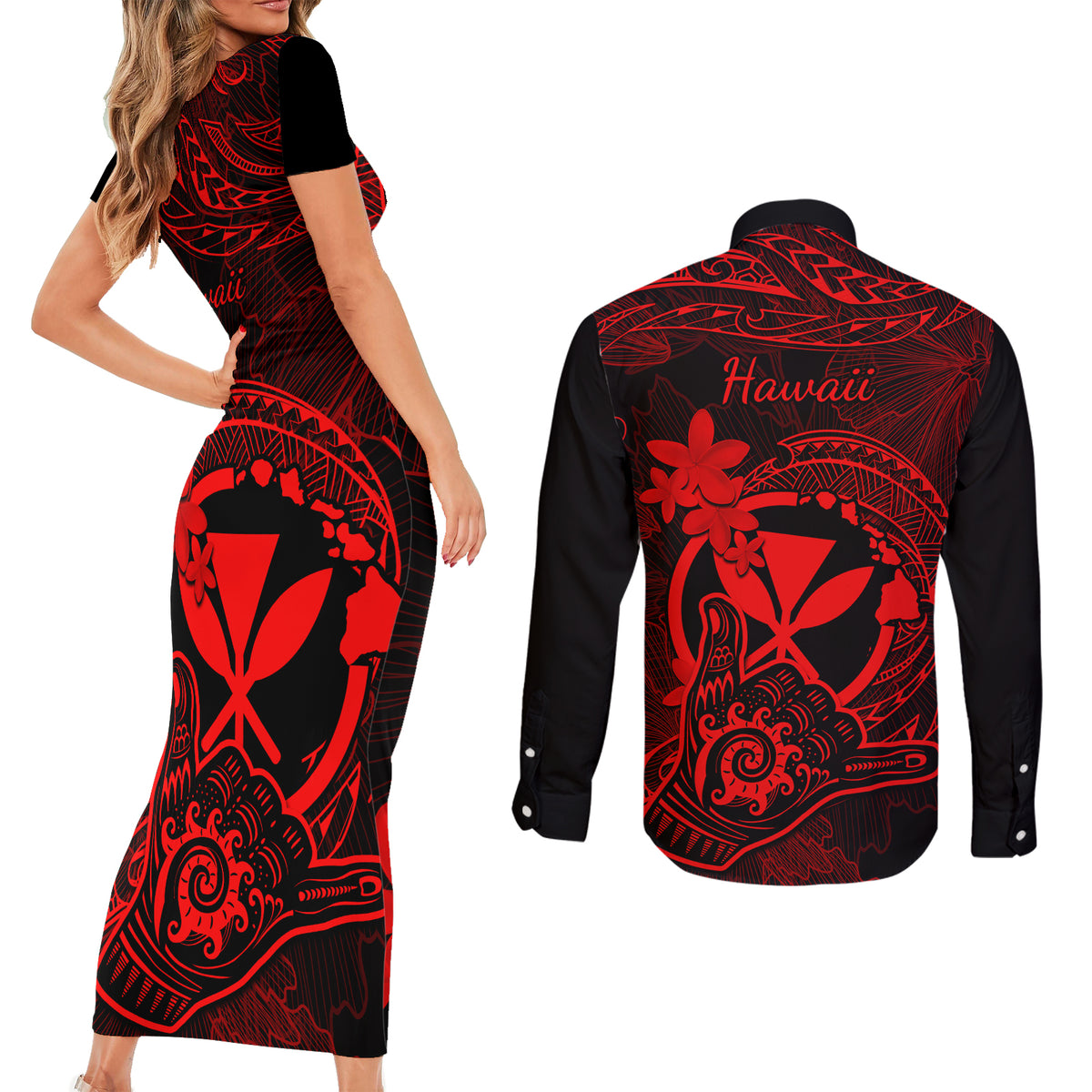Hawaii Couples Matching Short Sleeve Bodycon Dress and Long Sleeve Button Shirts Shaka Tattoo Mix Polynesian Plumeria Red Version - Wonder Print Shop