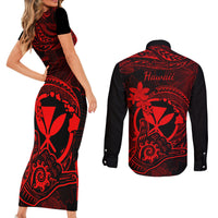 Hawaii Couples Matching Short Sleeve Bodycon Dress and Long Sleeve Button Shirts Shaka Tattoo Mix Polynesian Plumeria Red Version - Wonder Print Shop