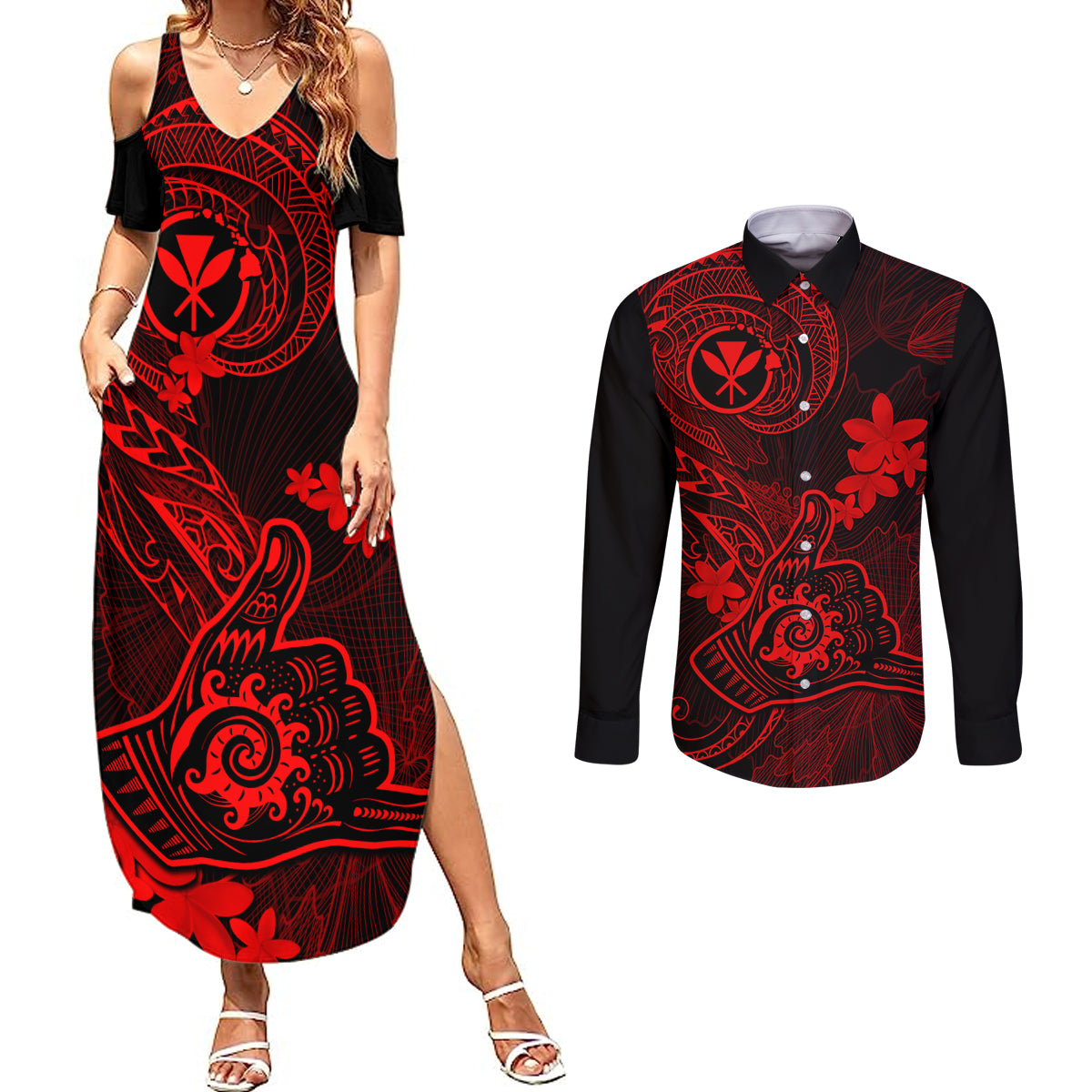 Hawaii Couples Matching Summer Maxi Dress and Long Sleeve Button Shirts Shaka Tattoo Mix Polynesian Plumeria Red Version - Wonder Print Shop