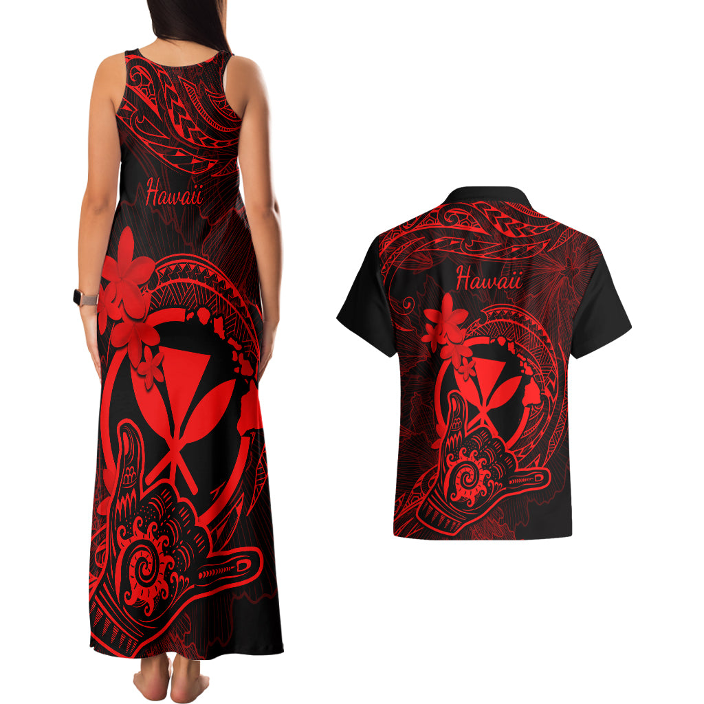 Hawaii Couples Matching Tank Maxi Dress and Hawaiian Shirt Shaka Tattoo Mix Polynesian Plumeria Red Version - Wonder Print Shop