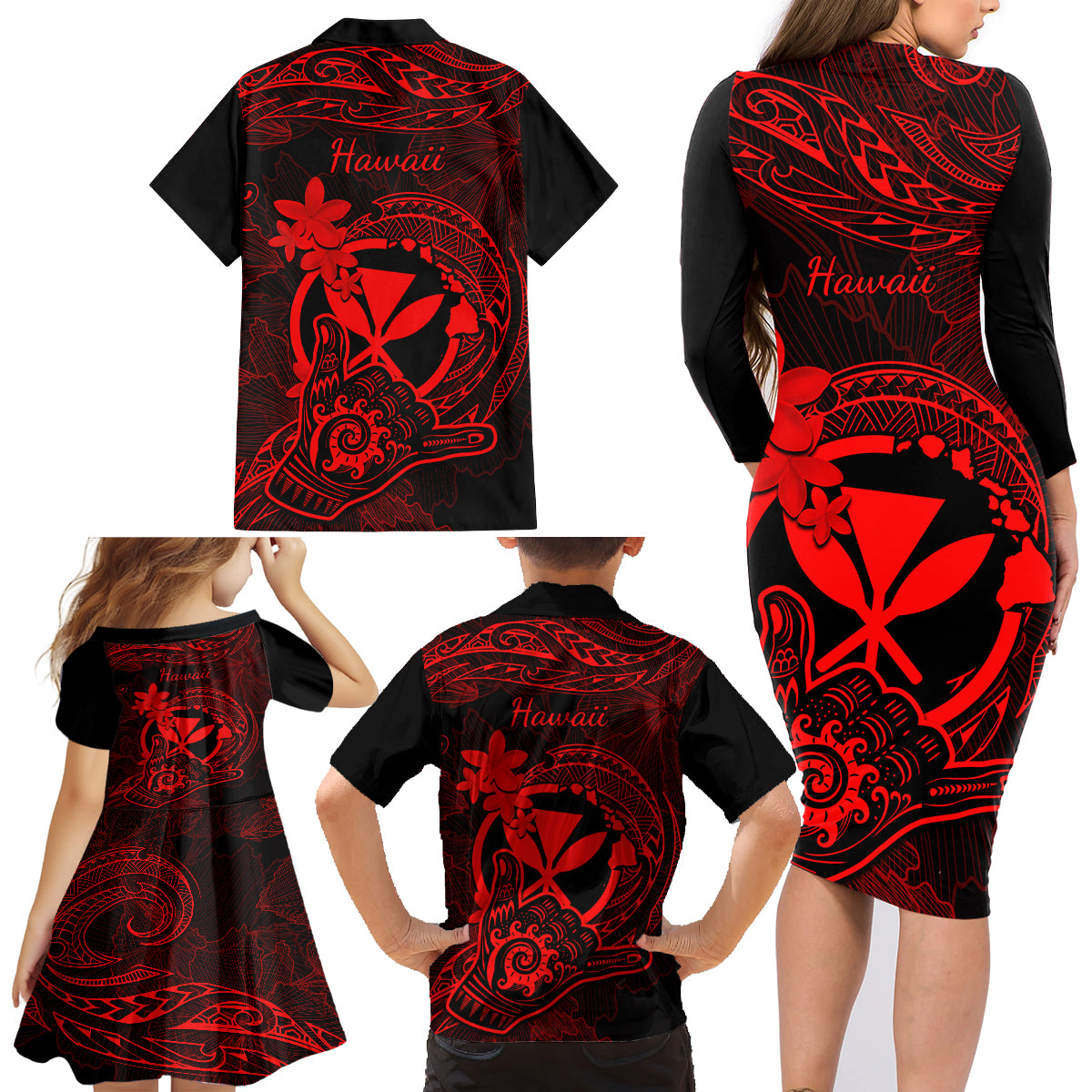 Hawaii Family Matching Long Sleeve Bodycon Dress and Hawaiian Shirt Shaka Tattoo Mix Polynesian Plumeria Red Version - Wonder Print Shop