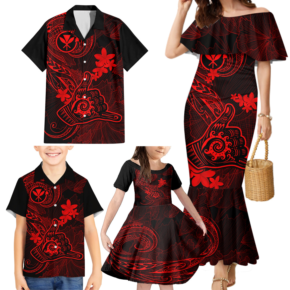 Hawaii Family Matching Mermaid Dress and Hawaiian Shirt Shaka Tattoo Mix Polynesian Plumeria Red Version - Wonder Print Shop