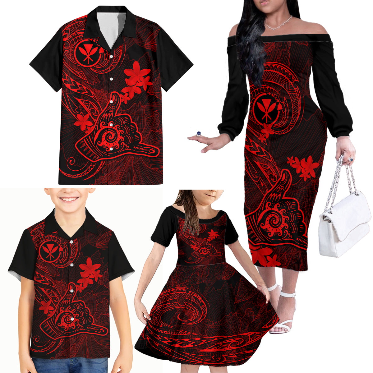 Hawaii Family Matching Off Shoulder Long Sleeve Dress and Hawaiian Shirt Shaka Tattoo Mix Polynesian Plumeria Red Version - Wonder Print Shop