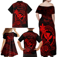 Hawaii Family Matching Off Shoulder Long Sleeve Dress and Hawaiian Shirt Shaka Tattoo Mix Polynesian Plumeria Red Version - Wonder Print Shop