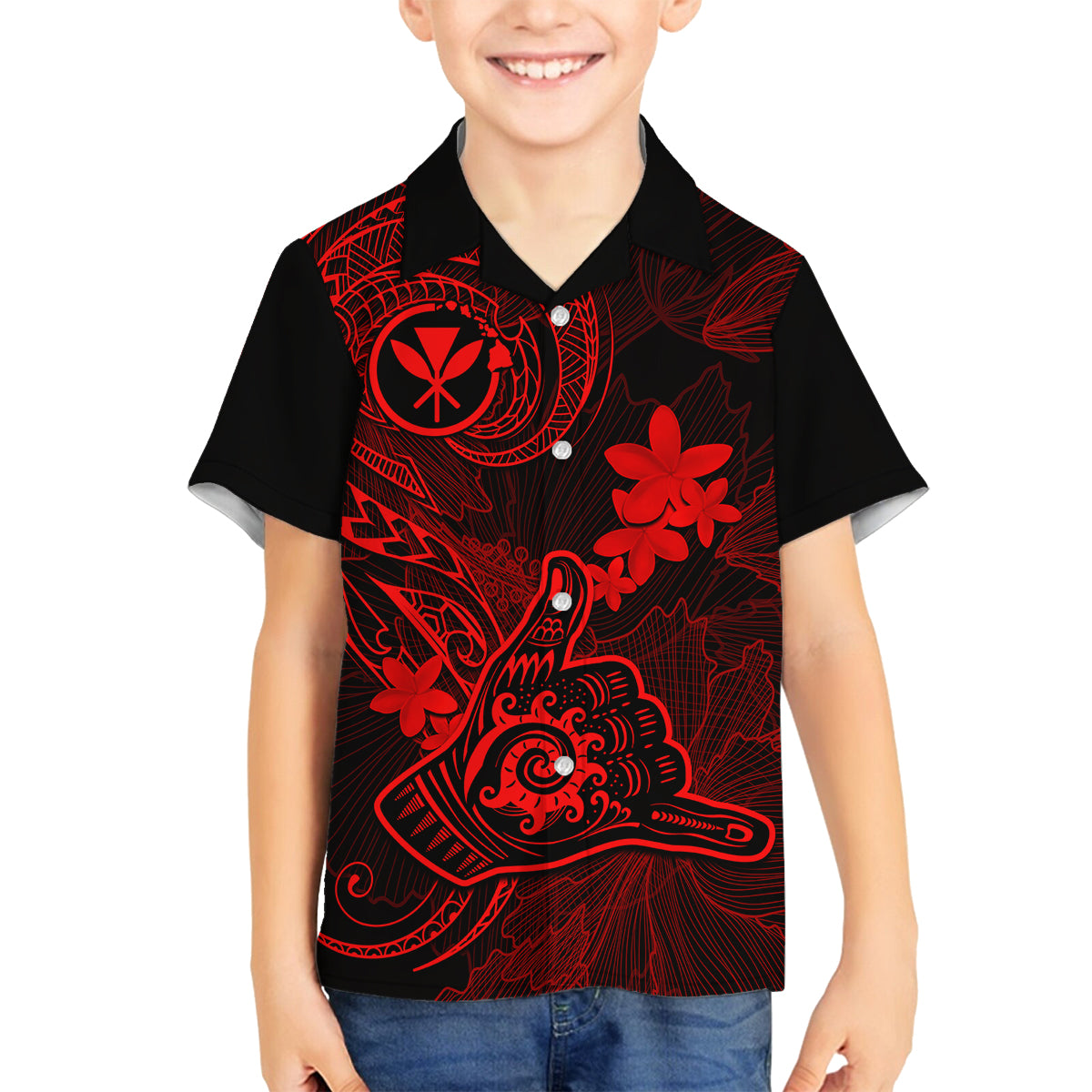 Hawaii Family Matching Off Shoulder Long Sleeve Dress and Hawaiian Shirt Shaka Tattoo Mix Polynesian Plumeria Red Version - Wonder Print Shop