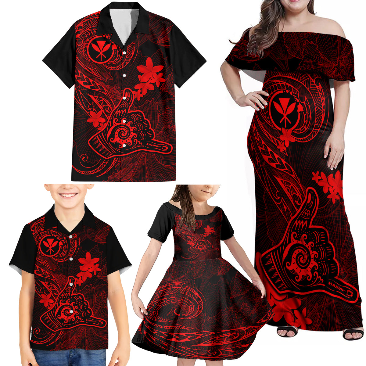 Hawaii Family Matching Off Shoulder Maxi Dress and Hawaiian Shirt Shaka Tattoo Mix Polynesian Plumeria Red Version - Wonder Print Shop