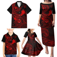 Hawaii Family Matching Puletasi Dress and Hawaiian Shirt Shaka Tattoo Mix Polynesian Plumeria Red Version - Wonder Print Shop