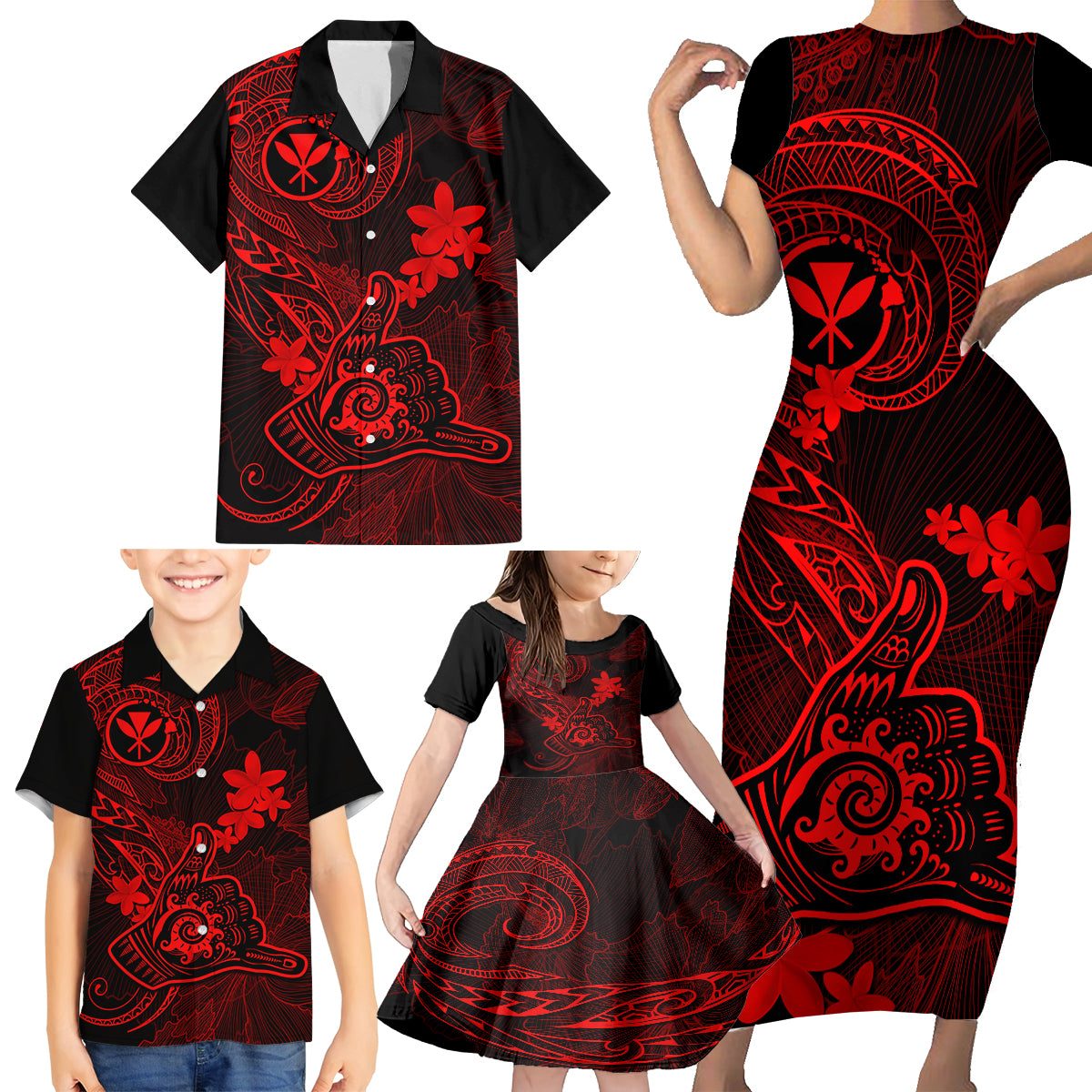 Hawaii Family Matching Short Sleeve Bodycon Dress and Hawaiian Shirt Shaka Tattoo Mix Polynesian Plumeria Red Version - Wonder Print Shop