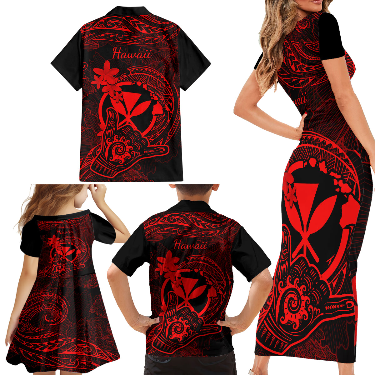Hawaii Family Matching Short Sleeve Bodycon Dress and Hawaiian Shirt Shaka Tattoo Mix Polynesian Plumeria Red Version - Wonder Print Shop