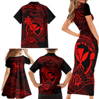 Hawaii Family Matching Short Sleeve Bodycon Dress and Hawaiian Shirt Shaka Tattoo Mix Polynesian Plumeria Red Version - Wonder Print Shop
