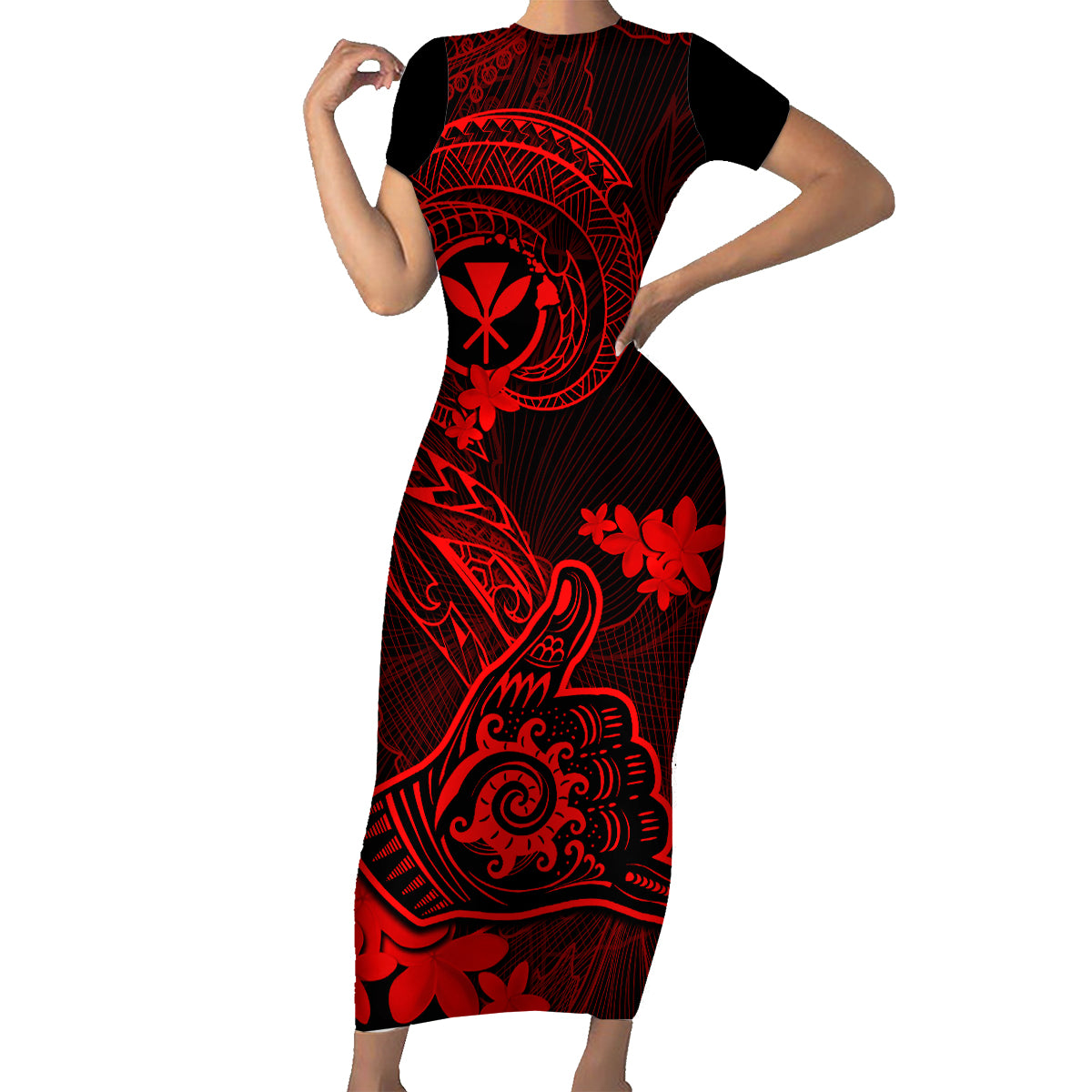 Hawaii Family Matching Short Sleeve Bodycon Dress and Hawaiian Shirt Shaka Tattoo Mix Polynesian Plumeria Red Version - Wonder Print Shop