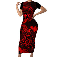 Hawaii Family Matching Short Sleeve Bodycon Dress and Hawaiian Shirt Shaka Tattoo Mix Polynesian Plumeria Red Version - Wonder Print Shop
