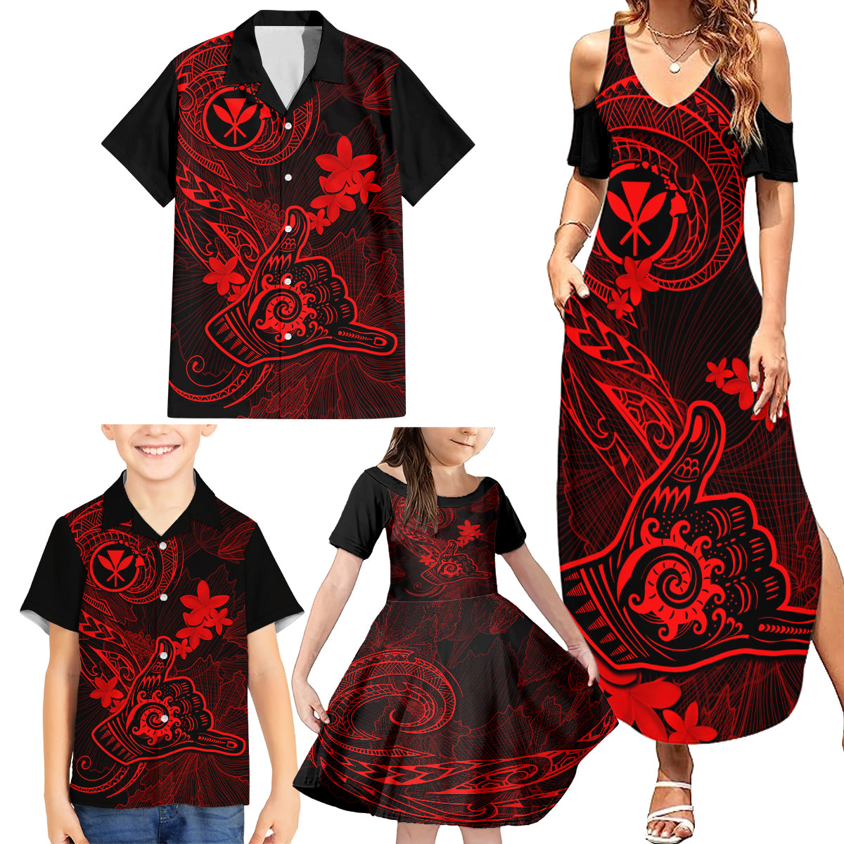 Hawaii Family Matching Summer Maxi Dress and Hawaiian Shirt Shaka Tattoo Mix Polynesian Plumeria Red Version - Wonder Print Shop
