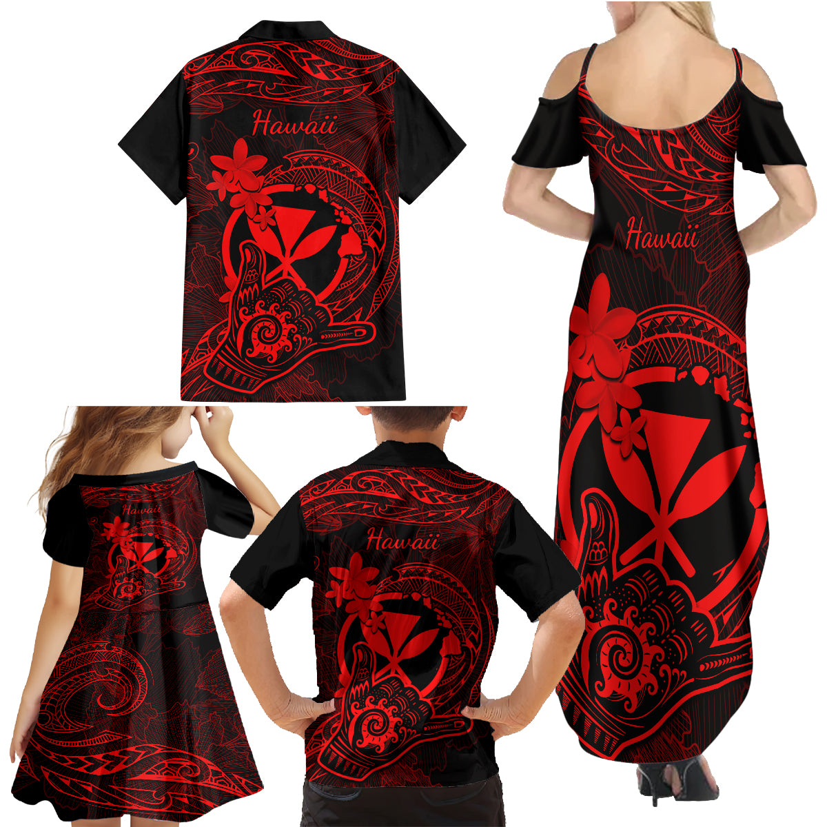 Hawaii Family Matching Summer Maxi Dress and Hawaiian Shirt Shaka Tattoo Mix Polynesian Plumeria Red Version - Wonder Print Shop