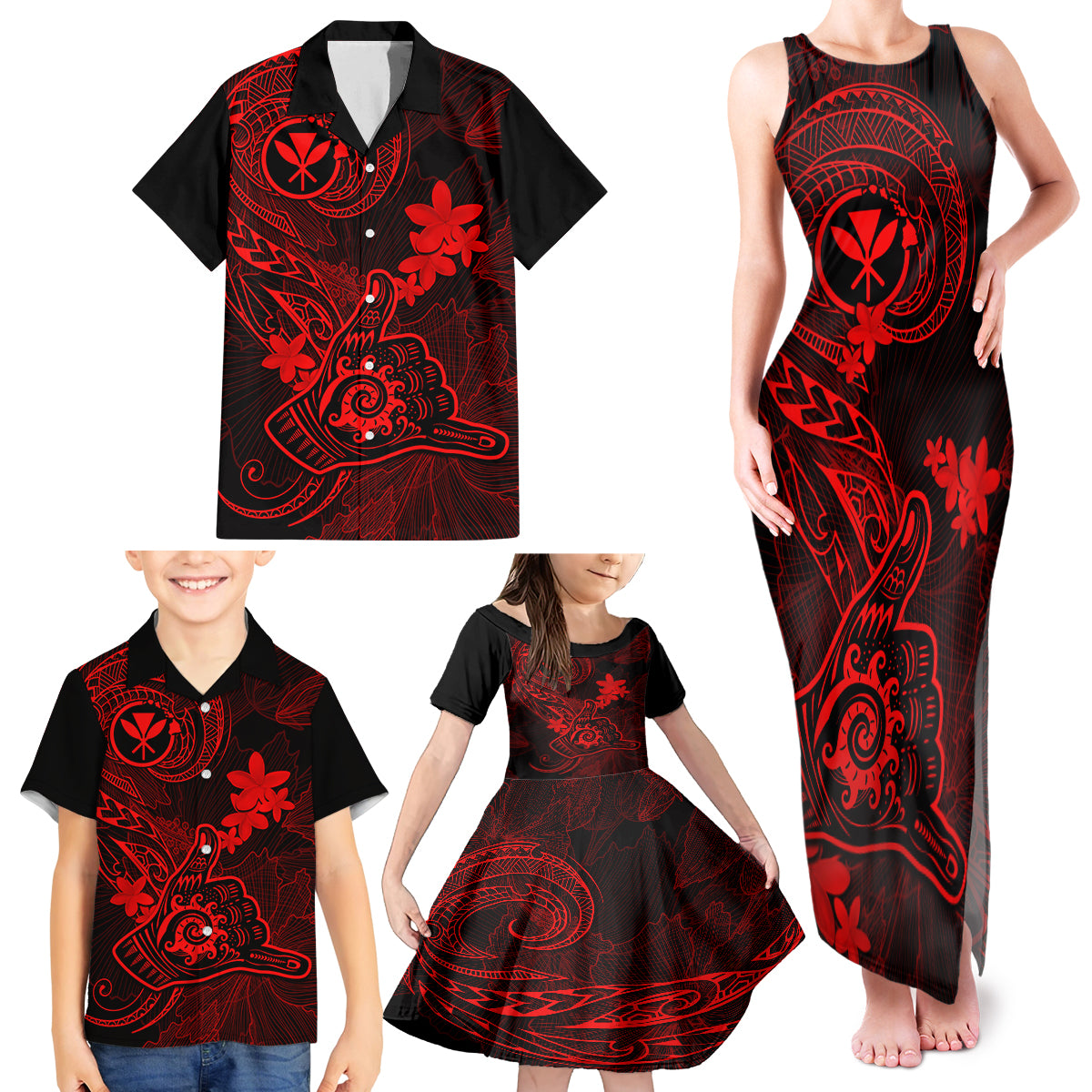 Hawaii Family Matching Tank Maxi Dress and Hawaiian Shirt Shaka Tattoo Mix Polynesian Plumeria Red Version - Wonder Print Shop