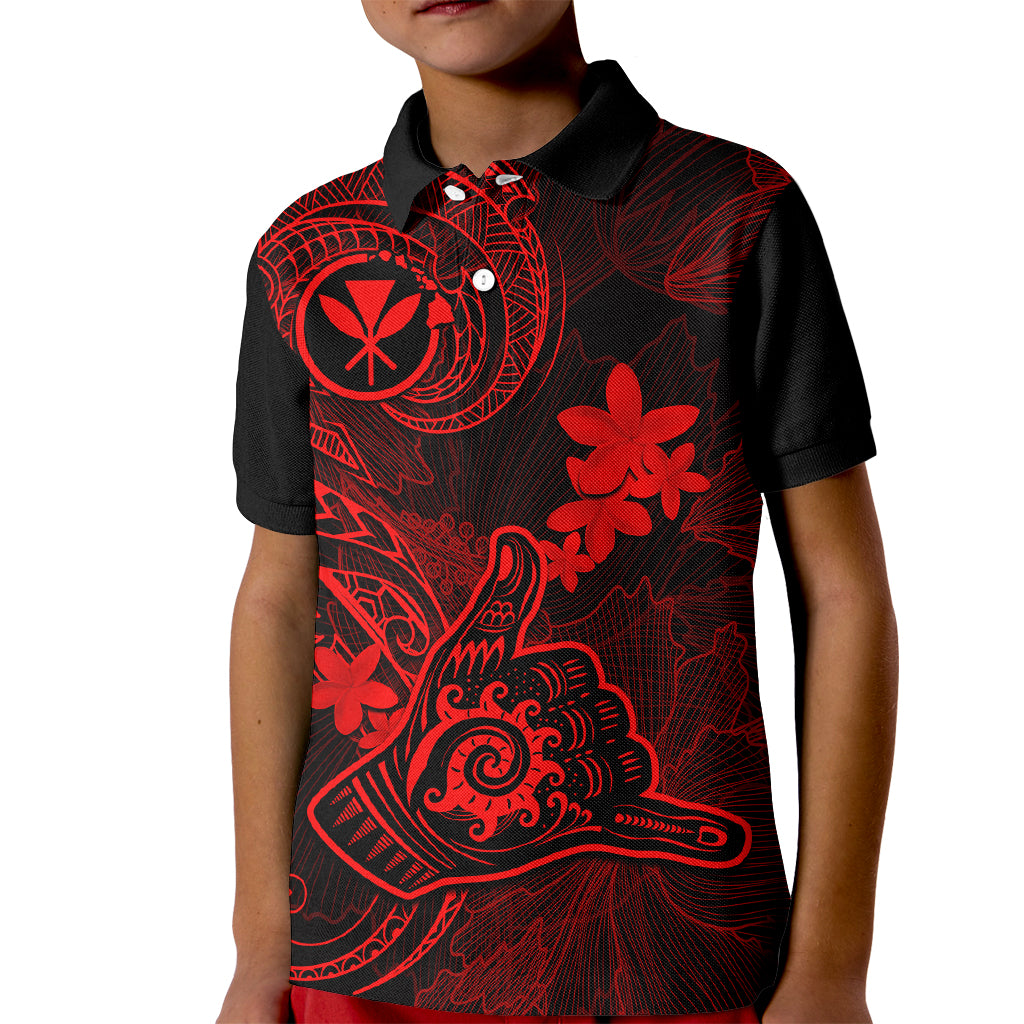 Hawaii Kid Polo Shirt Shaka Tattoo Mix Polynesian Plumeria Red Version - Wonder Print Shop