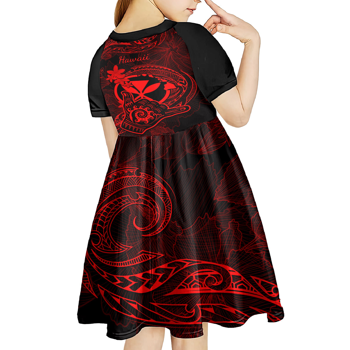Hawaii Kid Short Sleeve Dress Shaka Tattoo Mix Polynesian Plumeria Red Version - Wonder Print Shop