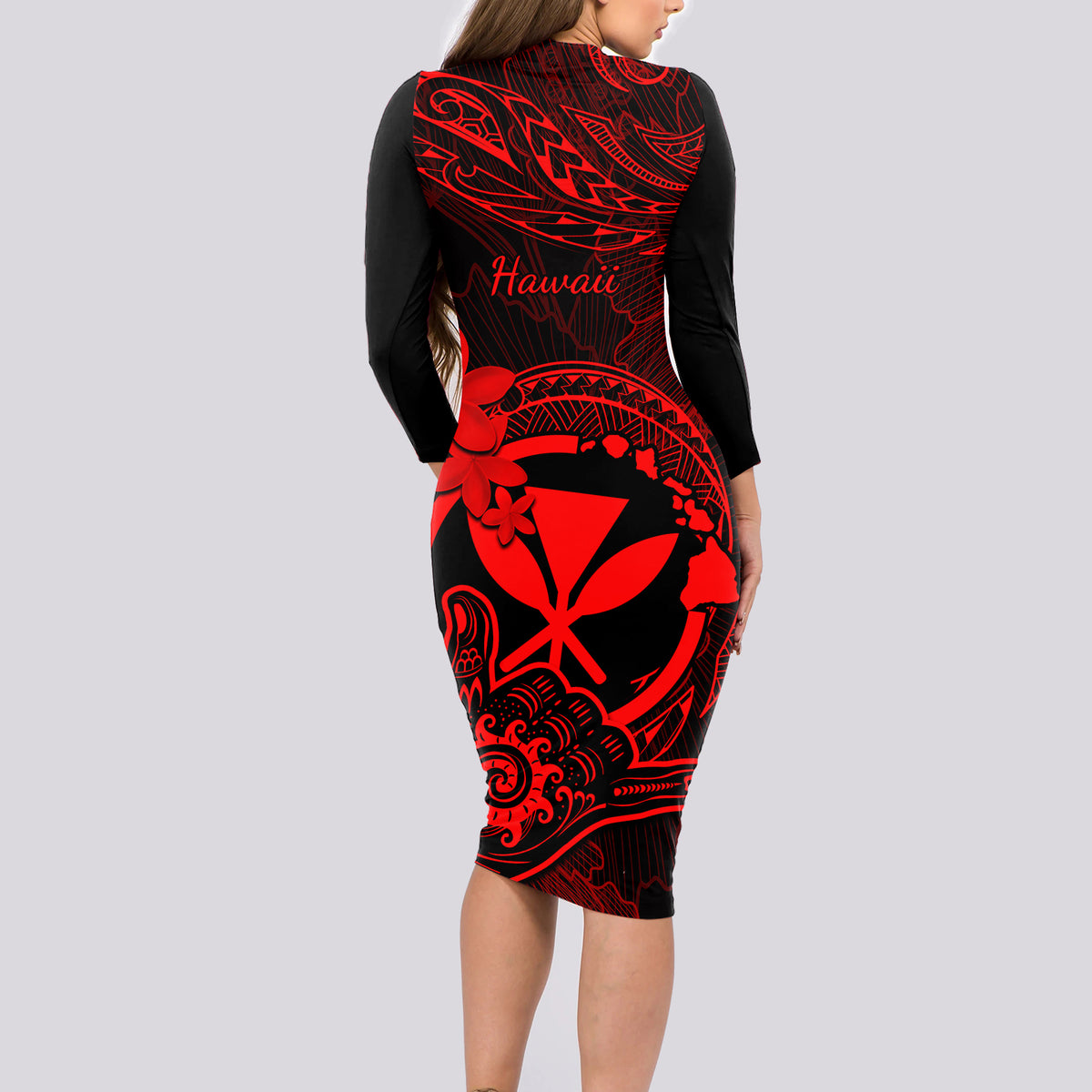Hawaii Long Sleeve Bodycon Dress Shaka Tattoo Mix Polynesian Plumeria Red Version - Wonder Print Shop