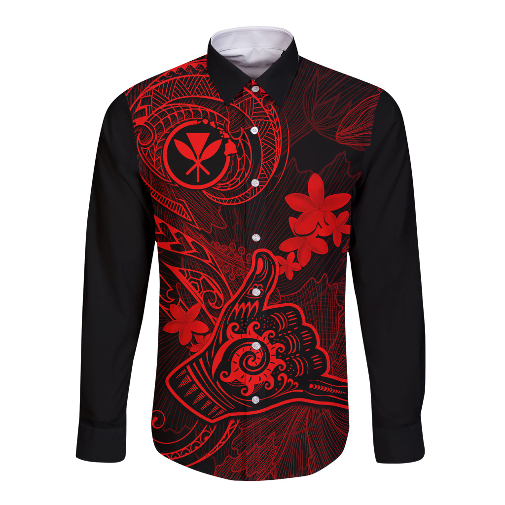 Hawaii Long Sleeve Button Shirt Shaka Tattoo Mix Polynesian Plumeria Red Version - Wonder Print Shop