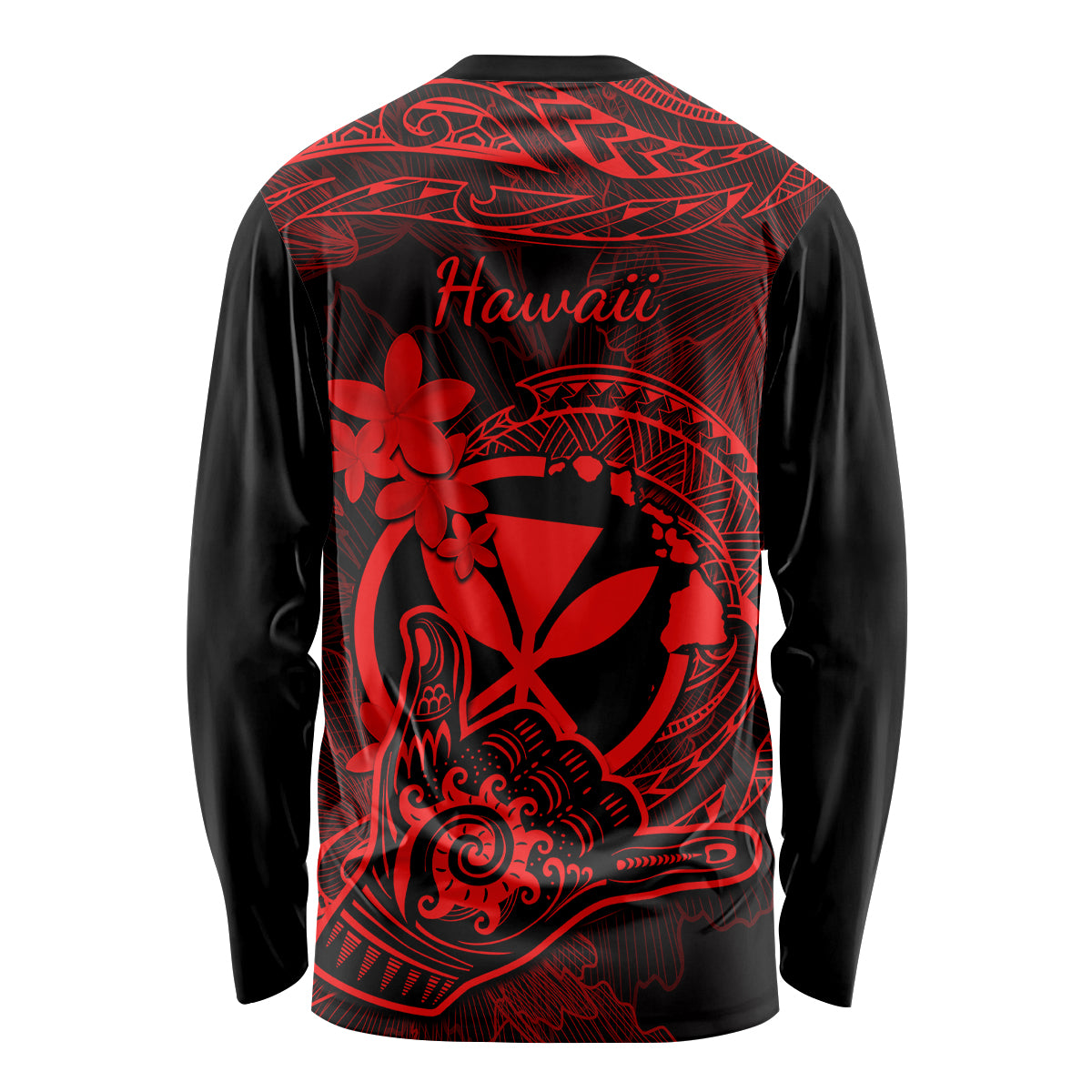 Hawaii Long Sleeve Shirt Shaka Tattoo Mix Polynesian Plumeria Red Version - Wonder Print Shop