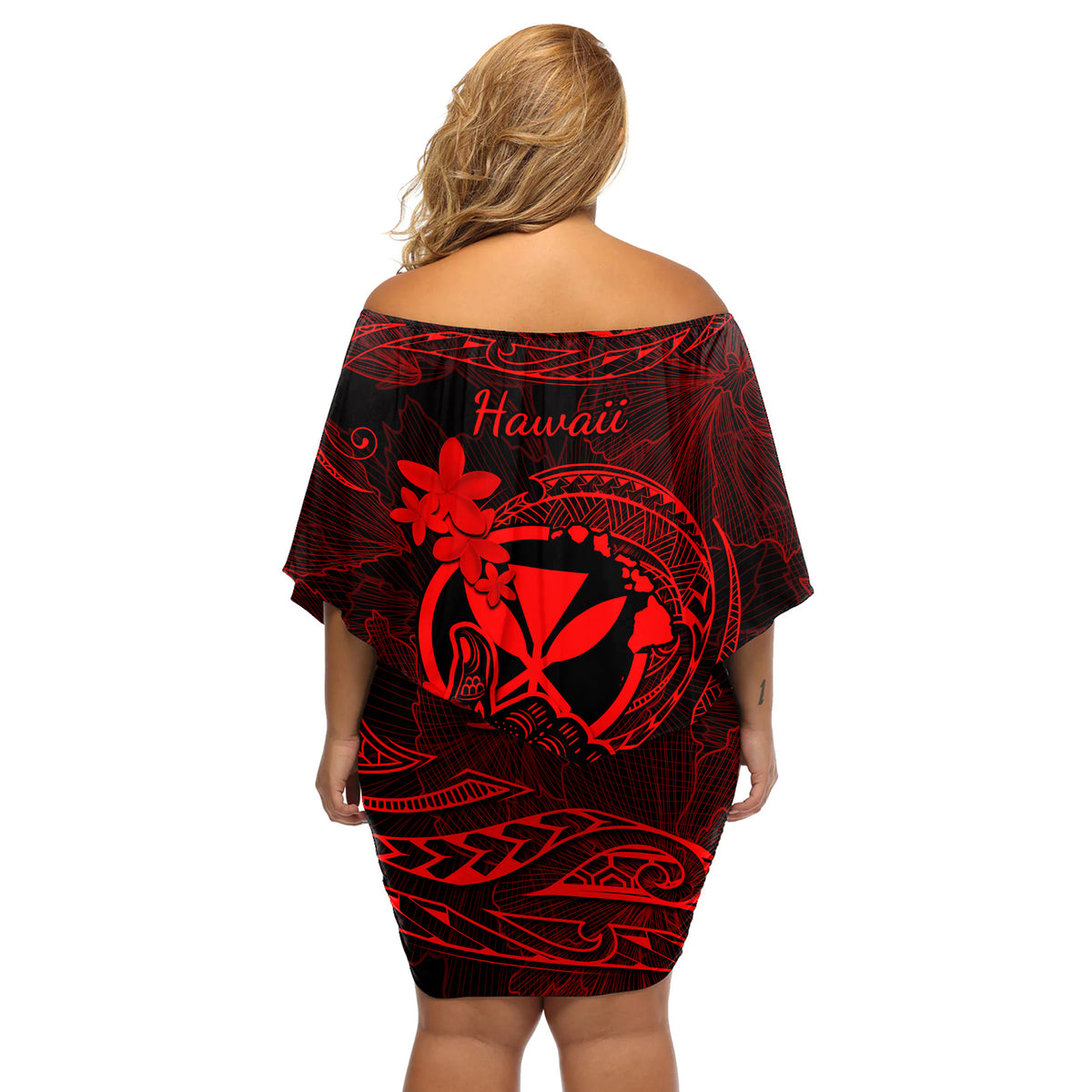 Hawaii Off Shoulder Short Dress Shaka Tattoo Mix Polynesian Plumeria Red Version - Wonder Print Shop