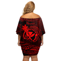 Hawaii Off Shoulder Short Dress Shaka Tattoo Mix Polynesian Plumeria Red Version - Wonder Print Shop