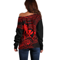 Hawaii Off Shoulder Sweater Shaka Tattoo Mix Polynesian Plumeria Red Version - Wonder Print Shop