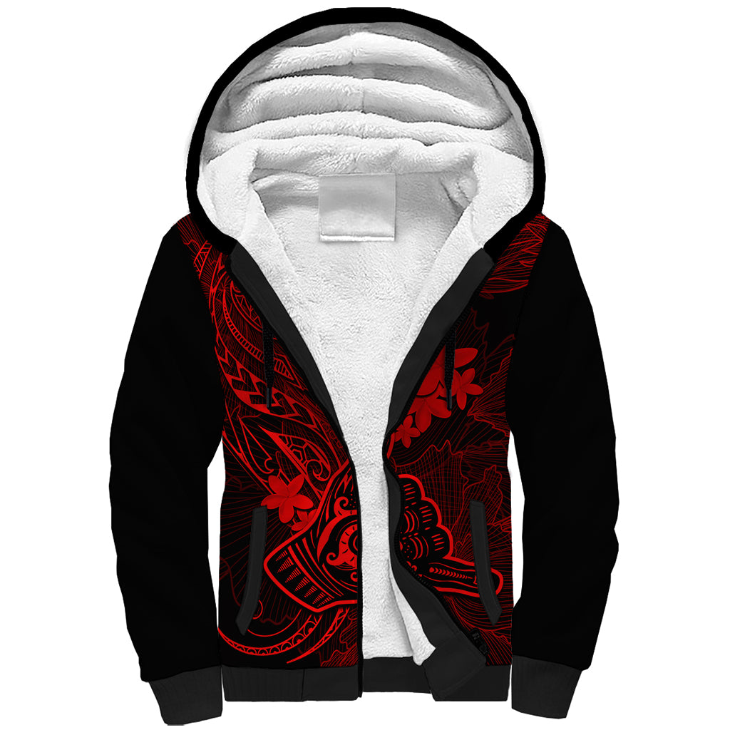 Hawaii Sherpa Hoodie Shaka Tattoo Mix Polynesian Plumeria Red Version - Wonder Print Shop