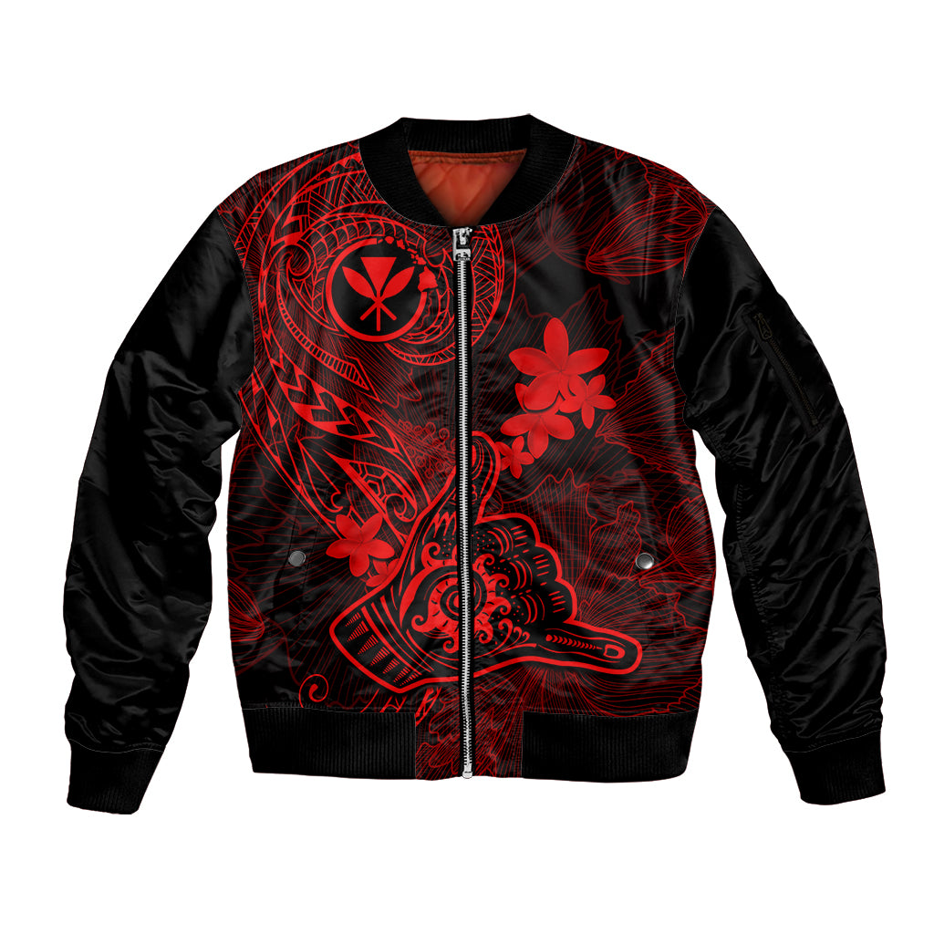 Hawaii Sleeve Zip Bomber Jacket Shaka Tattoo Mix Polynesian Plumeria Red Version - Wonder Print Shop