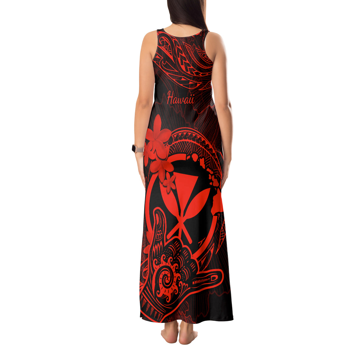 Hawaii Tank Maxi Dress Shaka Tattoo Mix Polynesian Plumeria Red Version - Wonder Print Shop