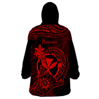 Hawaii Wearable Blanket Hoodie Shaka Tattoo Mix Polynesian Plumeria Red Version - Wonder Print Shop