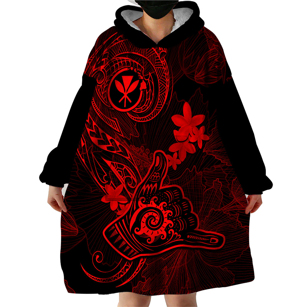 Hawaii Wearable Blanket Hoodie Shaka Tattoo Mix Polynesian Plumeria Red Version - Wonder Print Shop
