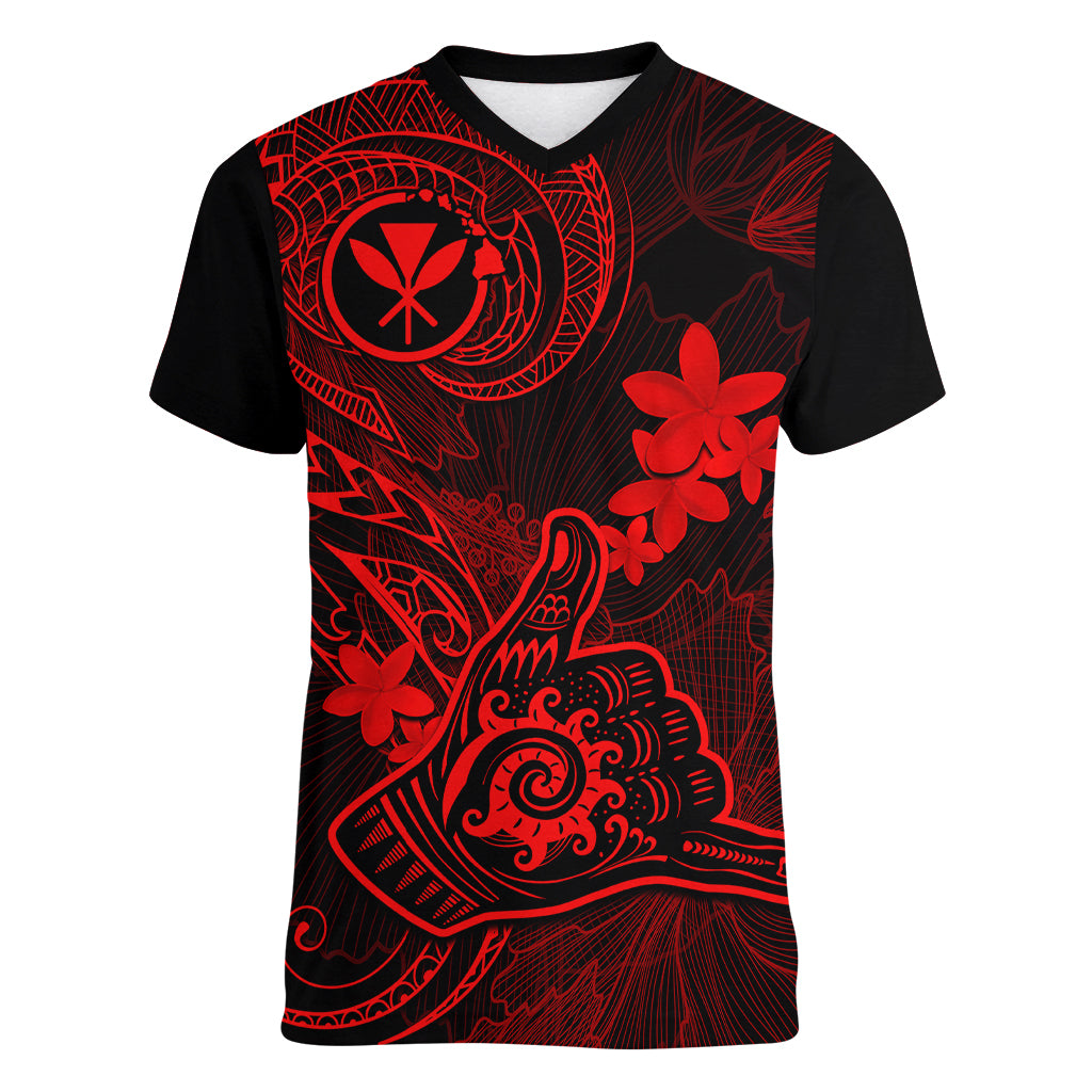 Hawaii Women V Neck T Shirt Shaka Tattoo Mix Polynesian Plumeria Red Version - Wonder Print Shop