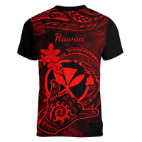 Hawaii Women V Neck T Shirt Shaka Tattoo Mix Polynesian Plumeria Red Version - Wonder Print Shop